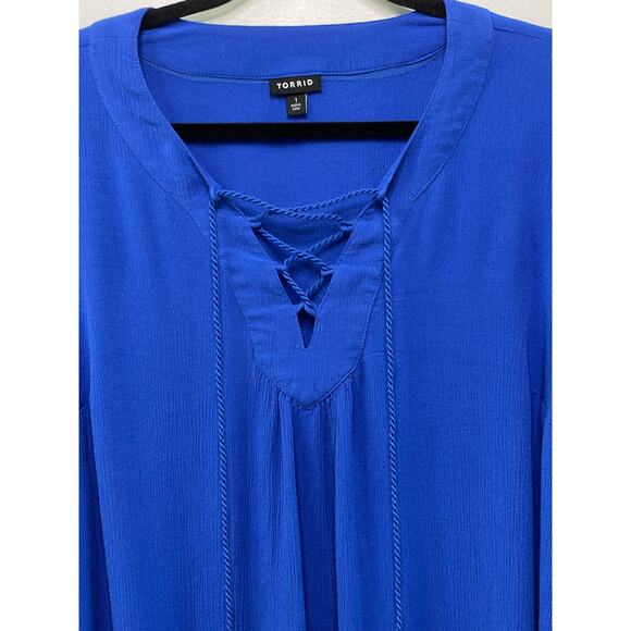 Torrid Long Sleeve Front Lace Up Tassel Blouse Blue Crinkle Gauze 1X Boho Plus - Picture 2 of 8